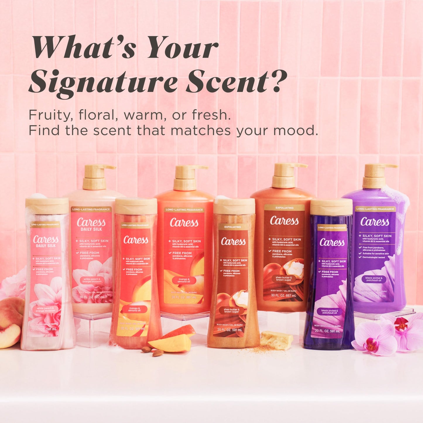 Caress Body Wash With Pump Daily Silk White Peach & Orange Blossom Body Soap for Noticeably Silky, Soft Skin 30 fl oz, 4 Pack