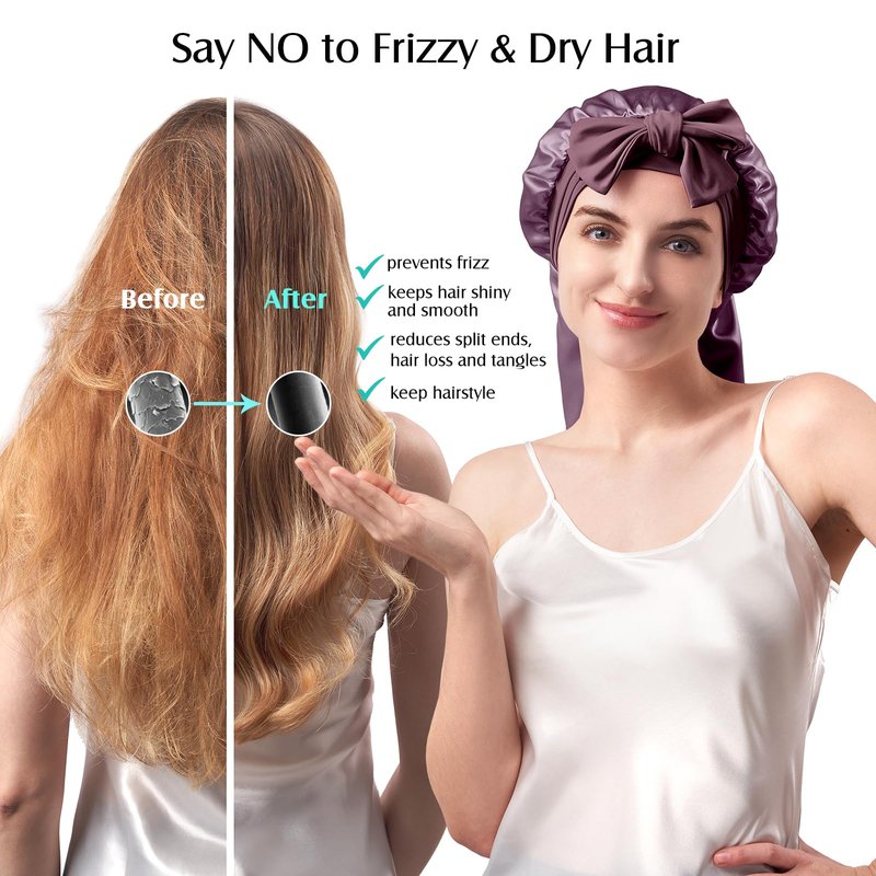 YFONG Double-Layered 100% Pure Mulberry Silk Bonnet for Long Hair, 22 Momme Sleep Bonnet for Sleeping with Elastic Tie Band, Real Silk Sleep Cap for Women Long Curly Hair, Purple