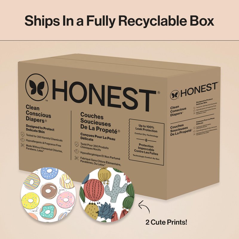 The Honest Company Comfort Dry Disposable Daytime Diapers for Sensitive Skin, Hypoallergenic, Fragrance-Free, Donut Grow Up + Cactus Cuties, Super Club Box, Size 4 (22-37 lbs), 104 Count