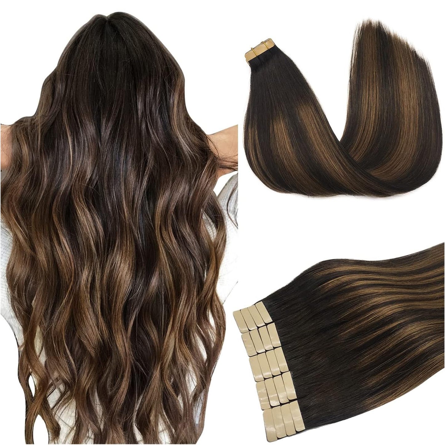DOORES Tape in Hair Extensions Human Hair, 18 Inch 50g 20pcs Dark Brown to Chestnut Brown, For Everyday Wear, Skin Weft Seamless Real Remy Straight Tape ins For Fine Thin Add Volume