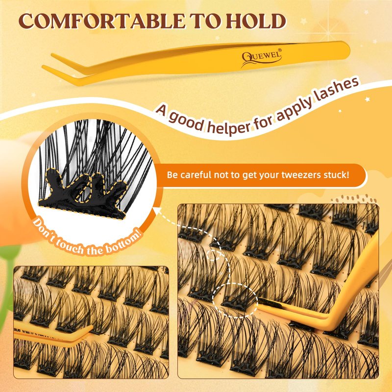 QUEWEL Self Adhesive Lash Clusters Kit, Pre Glued Eyelashes Clusters, 10-16MM Strong Hold Self Adhesive Eyelashes,D Curl Press On Lashes No Glue Needed DIY Lash Extensions Kit at Home(MJ02)