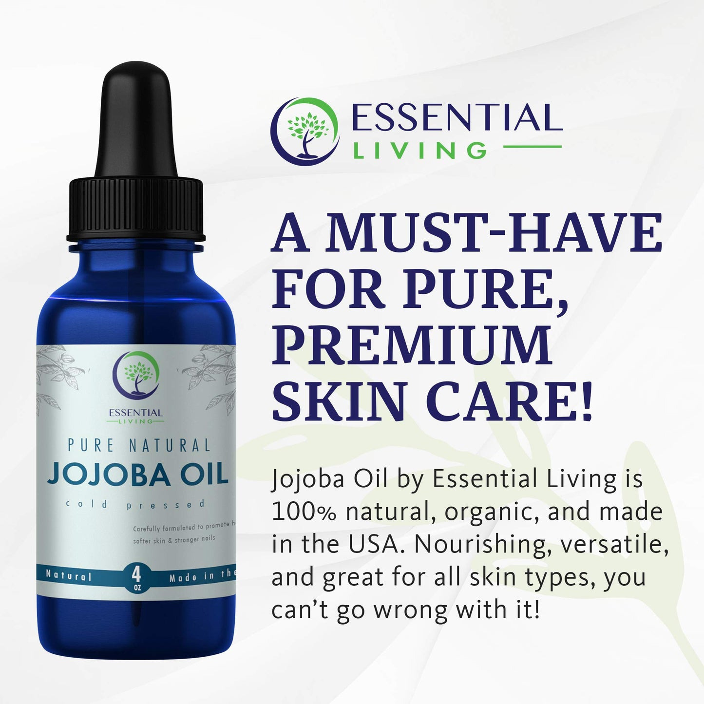 Essential Living: Organic Jojoba Oil - Pure Carrier Oil for All-Natural Skin Care, Moisturizer, Makeup Remover, Oil Cleansing and More - 4 oz. - Cold Pressed - No Hexane - Made in the USA