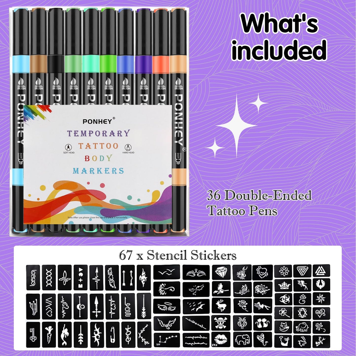 Ponhey Temporary Tattoo Markers for Skin, 36 Body Markers+67 Large Tattoo Stencils,Dual-End Tattoo Pens,Fine Lines with Cosmetic-Grade,Flexible, Skin-Safe Face Paint Kit for Kids Teenage Adults