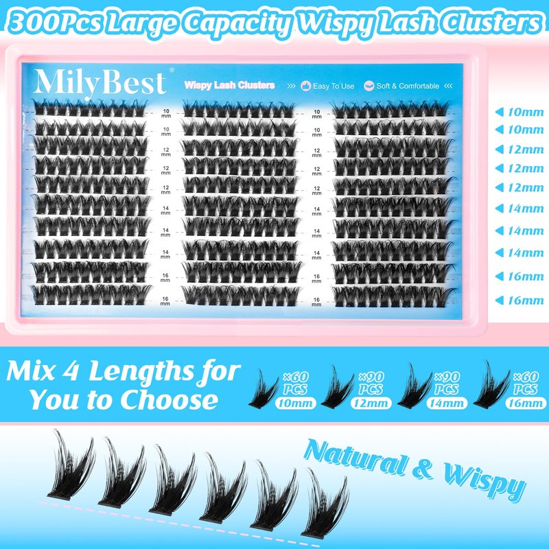 MilyBest Manga Lash Clusters Kit Spiky Anime Cluster Eyelash Extensions 150Pcs CC Curl Wispy Lash Extension Kit 10-16mm DIY Cosplay Doll Individual Lashes Clusters Natural Look