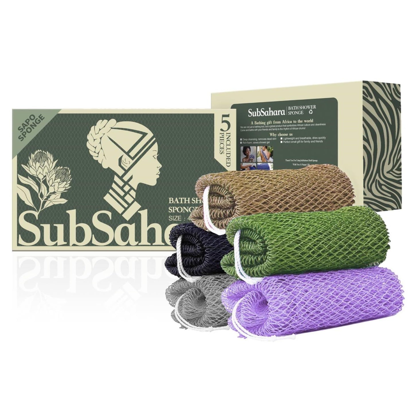 SubSahara Authentic African Net Sponge - 5 Pack Exfoliating Bath & Shower Loofah Sponge for Body & Face, Gentle Scrubber for All Skin Types, Travel, Durable