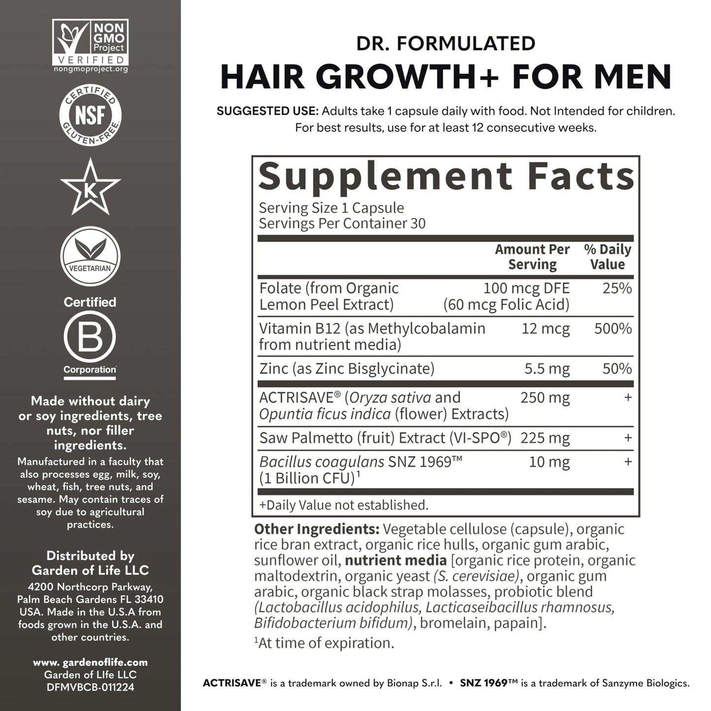 Garden of Life Dr. Formulated Men's Hair Growth Capsules – Saw Palmetto, Black Rice & Prickly Pear – Men's Hair Supplement, Non-GMO, Gluten-Free, 30 Capsules