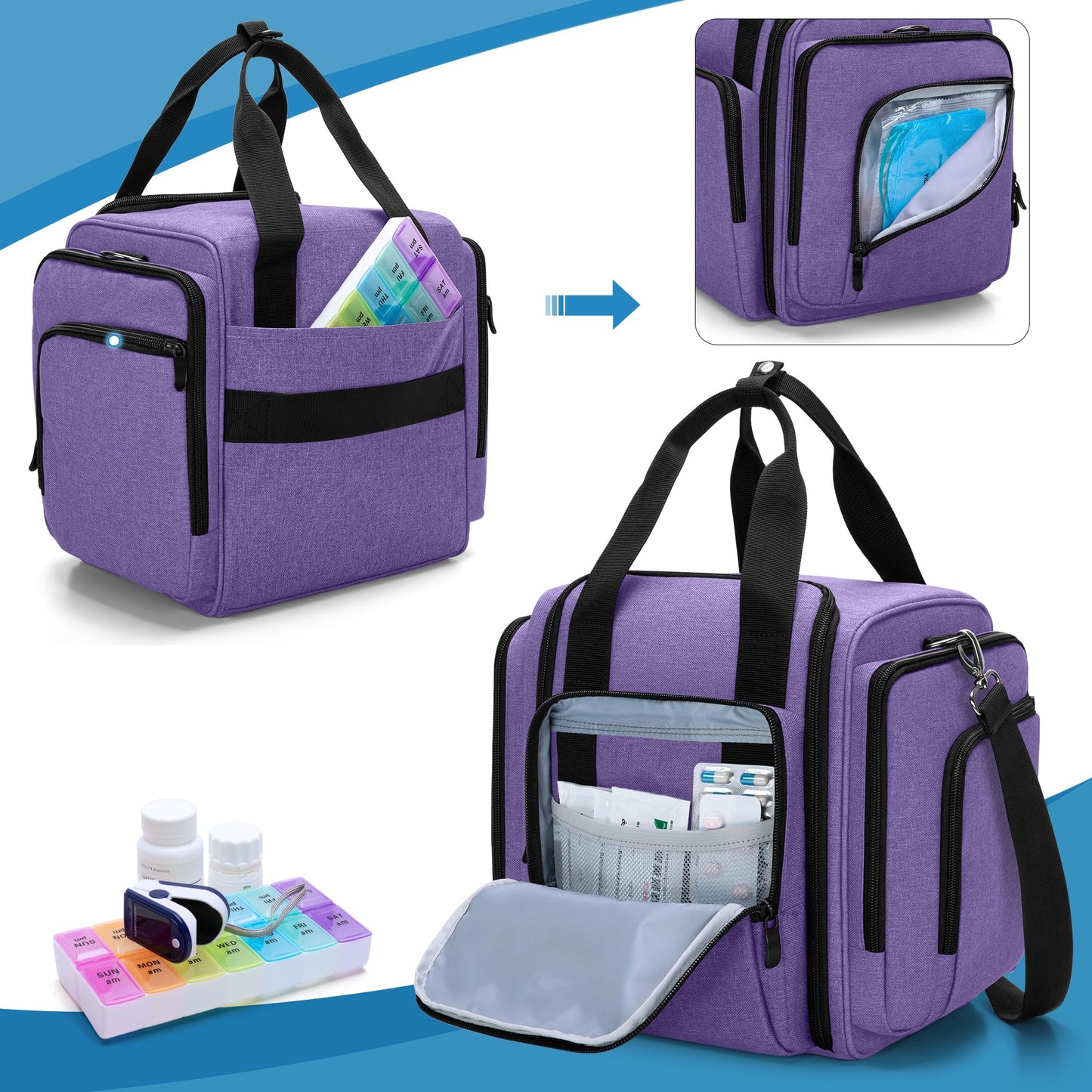 BAFASO Large Medicine Storage Box Come with 4 Removable Pouches, Pill Bottle Organizer for Daily Use, Purple