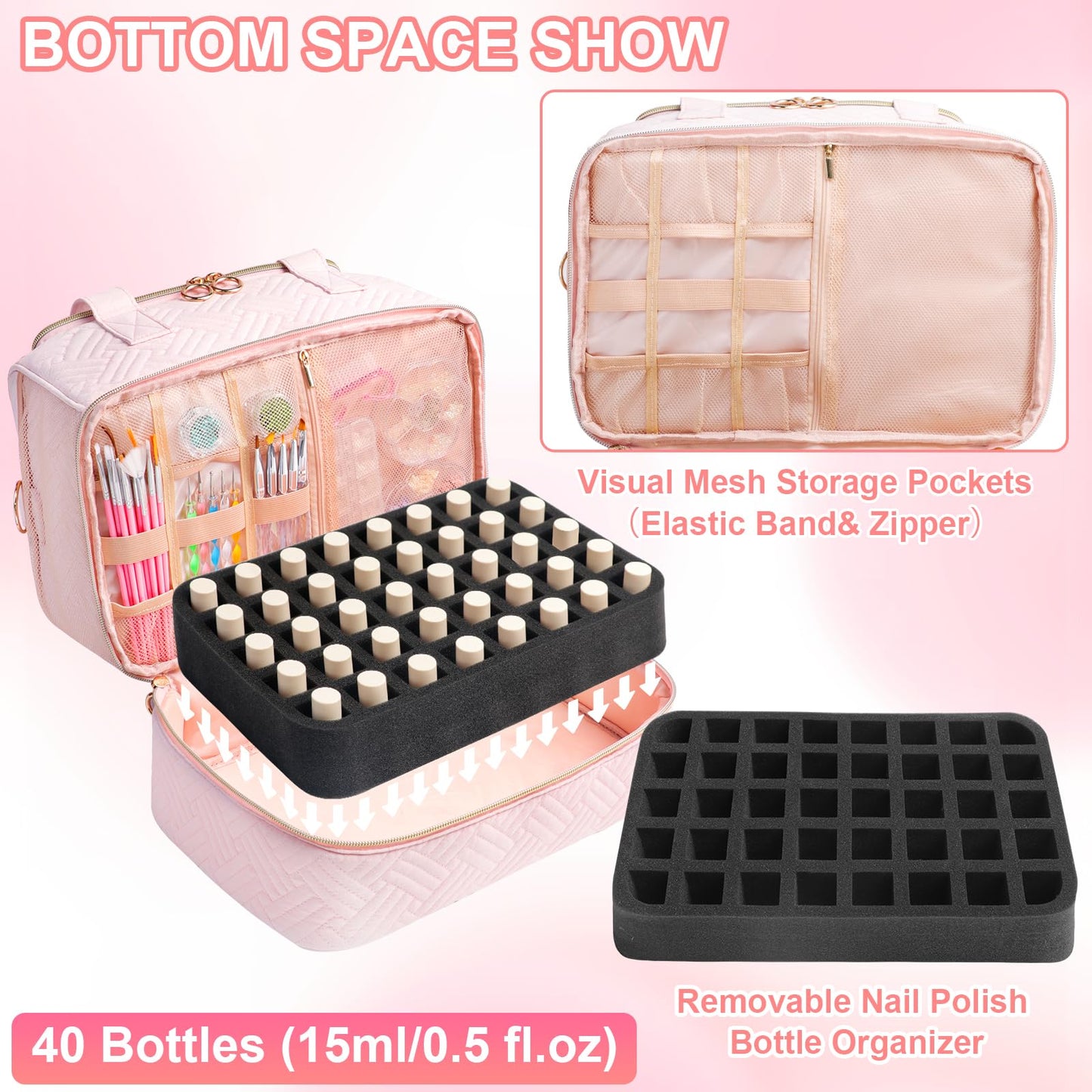 Veirdro Nail Polish Organizer Hold 90 Bottles (15ml/0.5fl.Oz)& Nail Lamp, Three Layer Nail Supplies Organizer Case with Holder& Shoulder Strap, PU Leather Nail Kit Organizers and Storage Bag (Black)