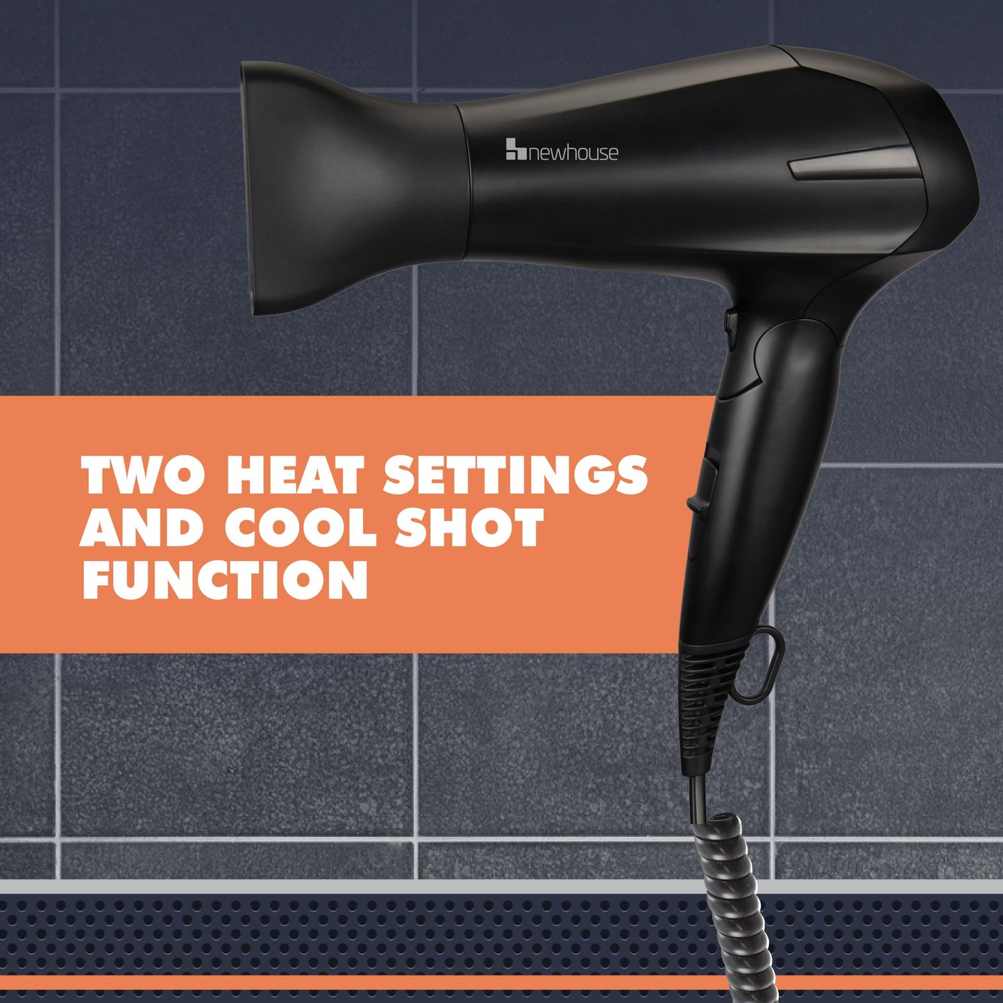 Newhouse 125V 1875-Watt Foldable Hair Dryer with Spiral Cord NHHD-001-FS, Compact Foldable Hair Blow Dryer, Low-Noise Ionic Hair Dryer, ETL Certified for Hospitality and Residential Use