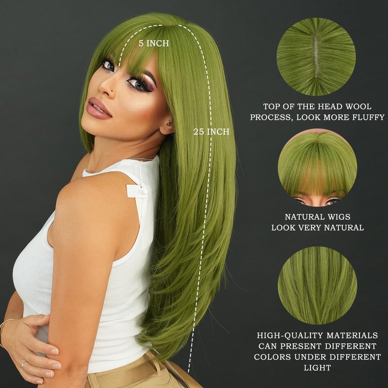 7JHH WIGS Long Straight Green Synthetic Wig with Bangs 25inch Layered Straight Middle Length Heart Resistant Synthetic Fiber Wig Natural Looking Wigs for Women Party Cospaly Wig and Daily Used