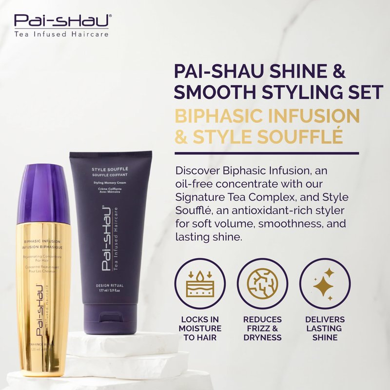Pai-Shau Biphasic Infusion & Style Soufflé Set - Oil-Free Hair Rejuvenating Serum - Provides Shine, Thermal, and Environmental Protection, 4oz & Medium Hold Styling Cream for All Hair Textures, 5.9oz
