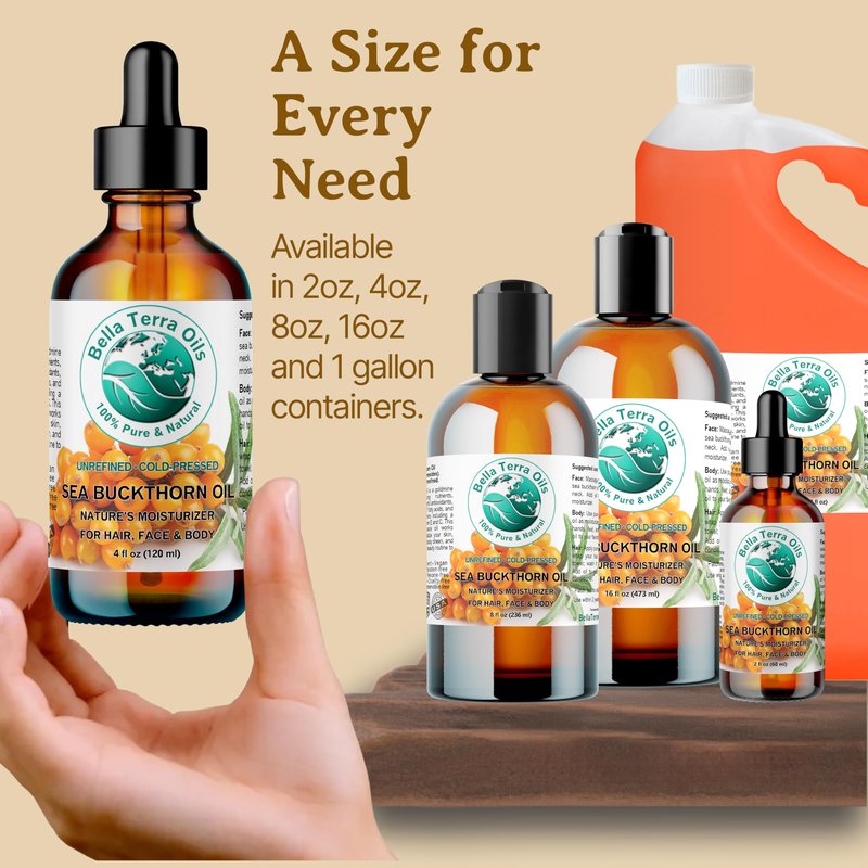 Bella Terra Oils - Sea Buckthorn Oil 16 oz - Capturing the Essence of Natural Sea Buckthorn Berries, Loaded with Omega-7 & Omega-9, A Sumptuous Embrace for Skin
