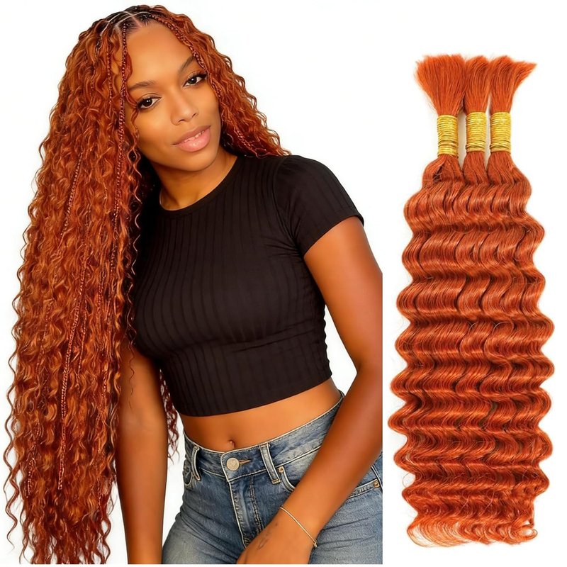 Ginger Orange Deep Wave Bulk Human Hair - 3 Bundles, 150g, 24 Inch | No Weft, 12A Curly Braiding Extensions