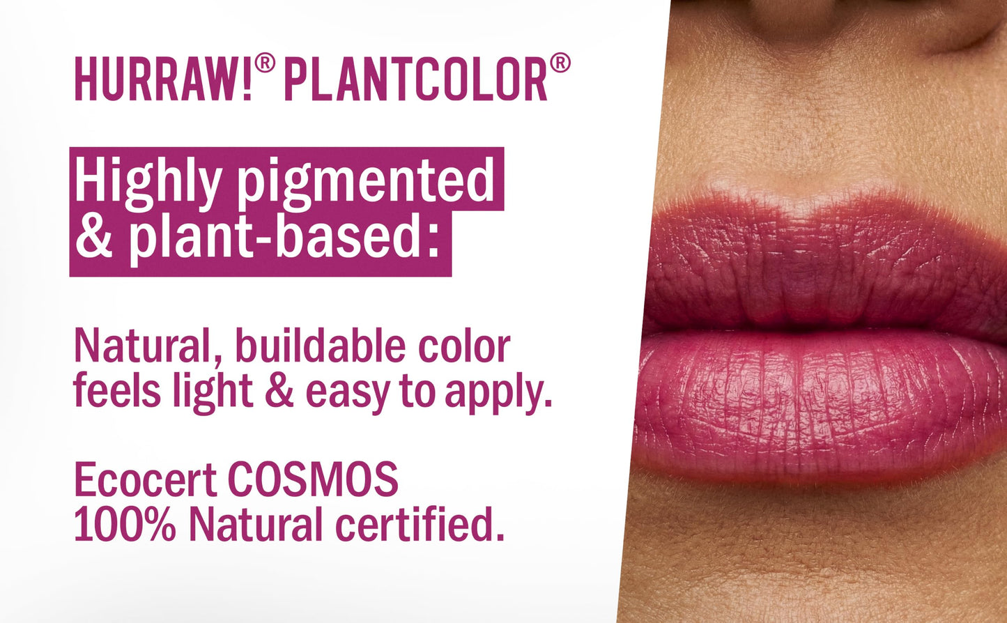 Hurraw! Plantcolor Lip Color No. 3: Pink/Purple shade. Highly pigmented tinted balm and lipstick alternative. Vegan and all-natural. Easy application. Buildable. First of its kind. Made in USA