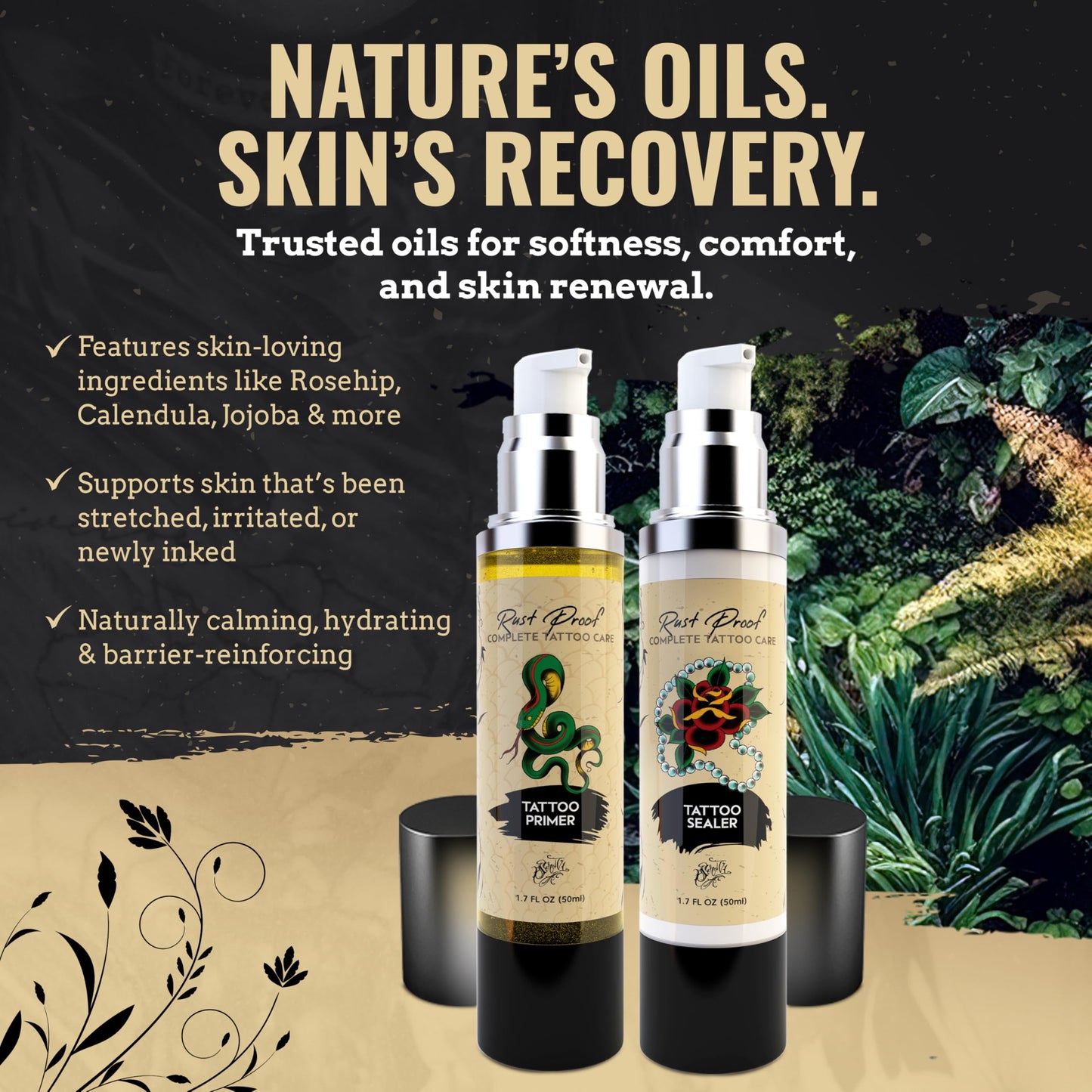 Rust Proof Complete Tattoo Care – Comprehensive Pre & Post Tattoo Skincare Set with Body Oil & Moisture Sealing Body Lotion – Lightweight Hydration & Moisture Barrier Protection – 2- Piece Bundle