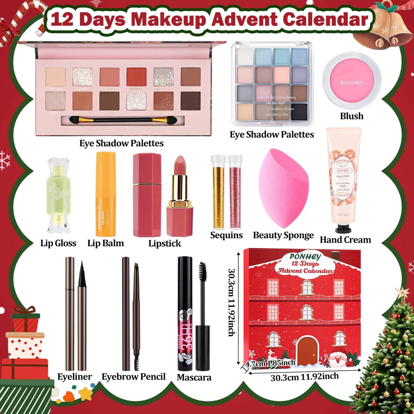 Ponhey Makeup Advent Calendar 2025,12 Days Christams Advent Beauty Calendar,Countdown Calendar For Girls Teens Women Adult,Xmas Holiday Beauty & Cosmetic Surprise Gift