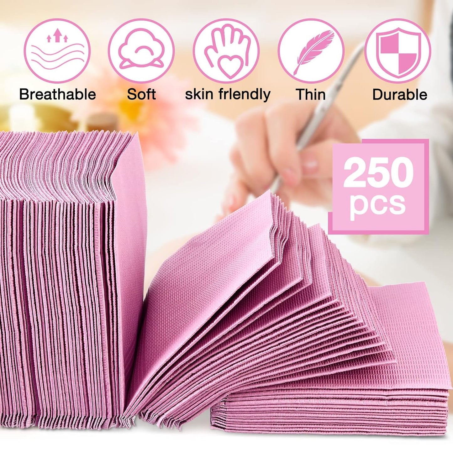 Disposable Nail Table Towels - 250 Pcs 3 Ply Waterproof Mat | 13'' x 18'' Pink Patient Bibs