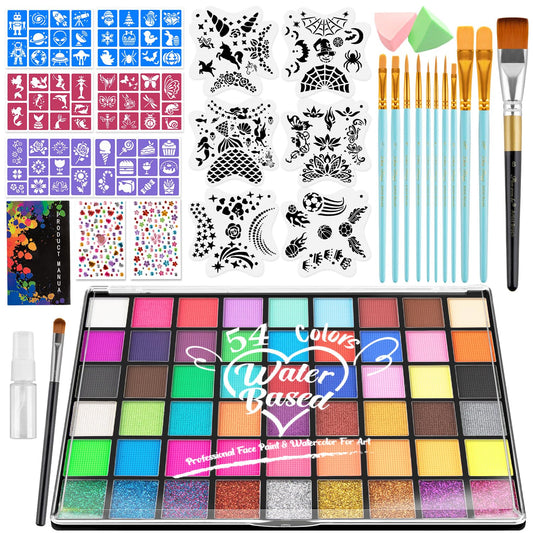 Kids Face Painting Kit,54 Color Face Painting Kit, Non Toxic Water Activated Face Paint Palette with Stencils, Brushes, Gems & Book etc. For Halloween,Christmas Carnival, Party,cosplay ctc.