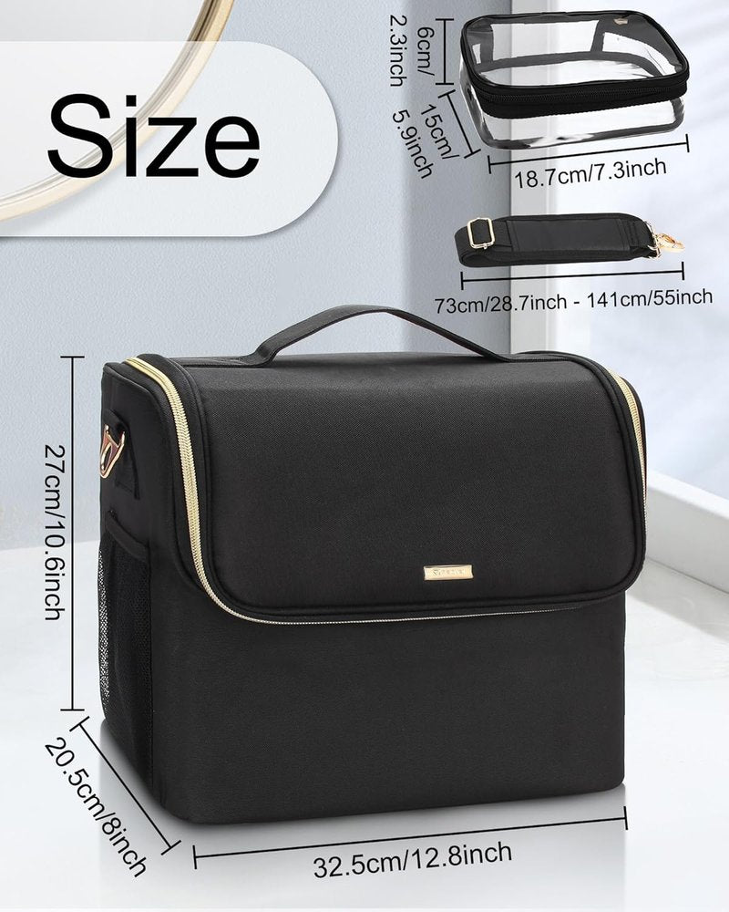 Makeup Carrying Train Case - Professional Makeup Organizer with Adjustable Dividers & Shoulder Strap | Black