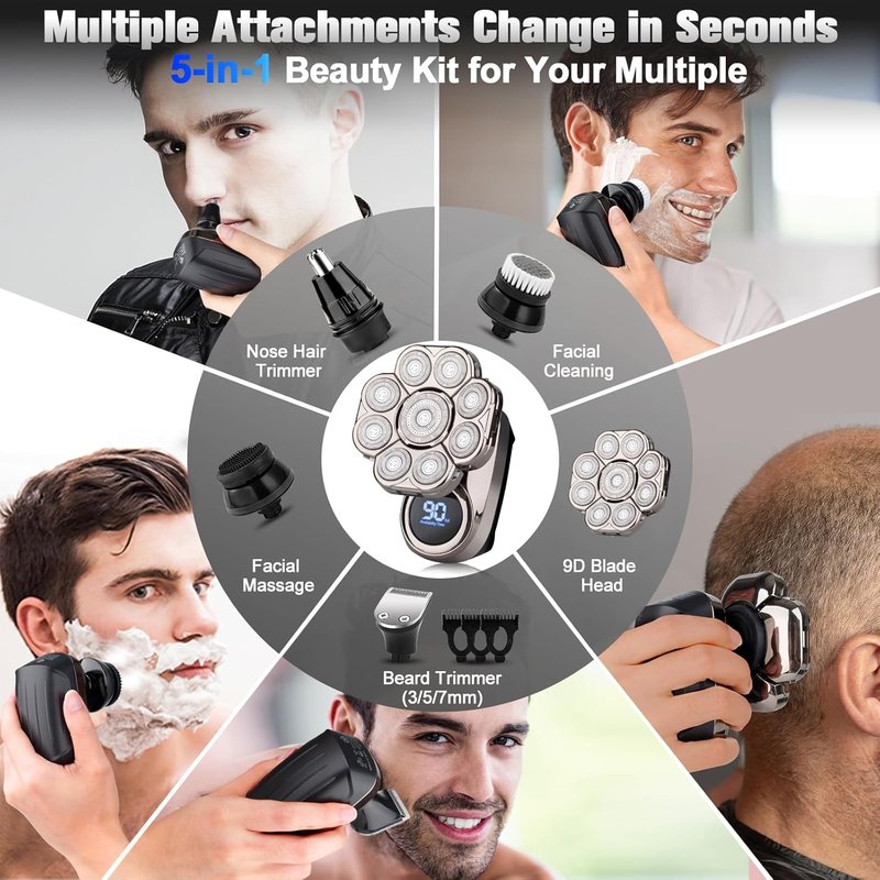 Electric Head Shaver for Bald Men - 9D Waterproof Grooming Kit | Cordless Rechargeable, 5-in-1 Design