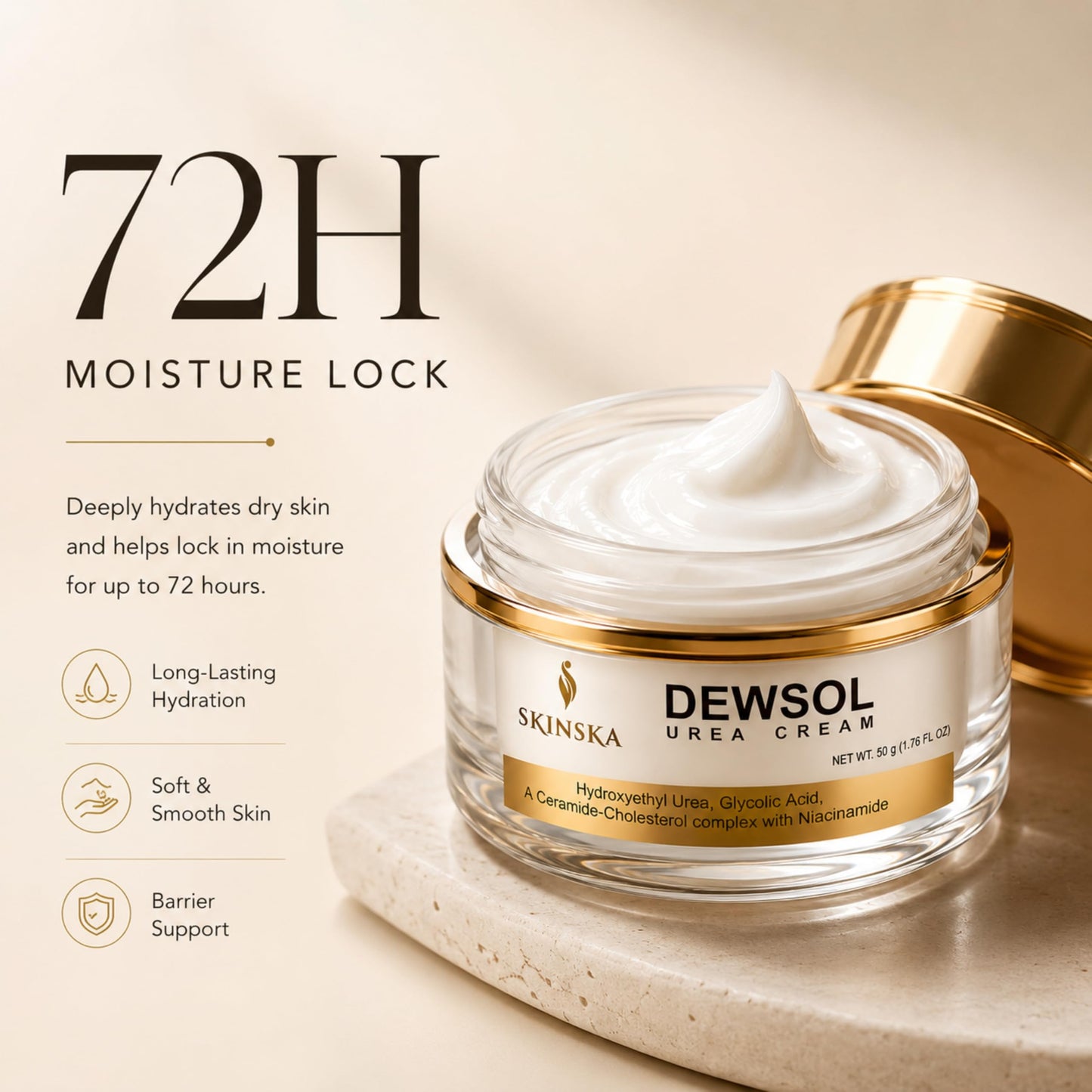 SKINSKA NATURALS Dewsol Urea Cream for Feet, Heels, Elbows & Hands With Glycolic Acid & Moisturizing Esters, Daily Use Cream for Smooth Feeling Skin - Men & Women, 1.69 fl oz