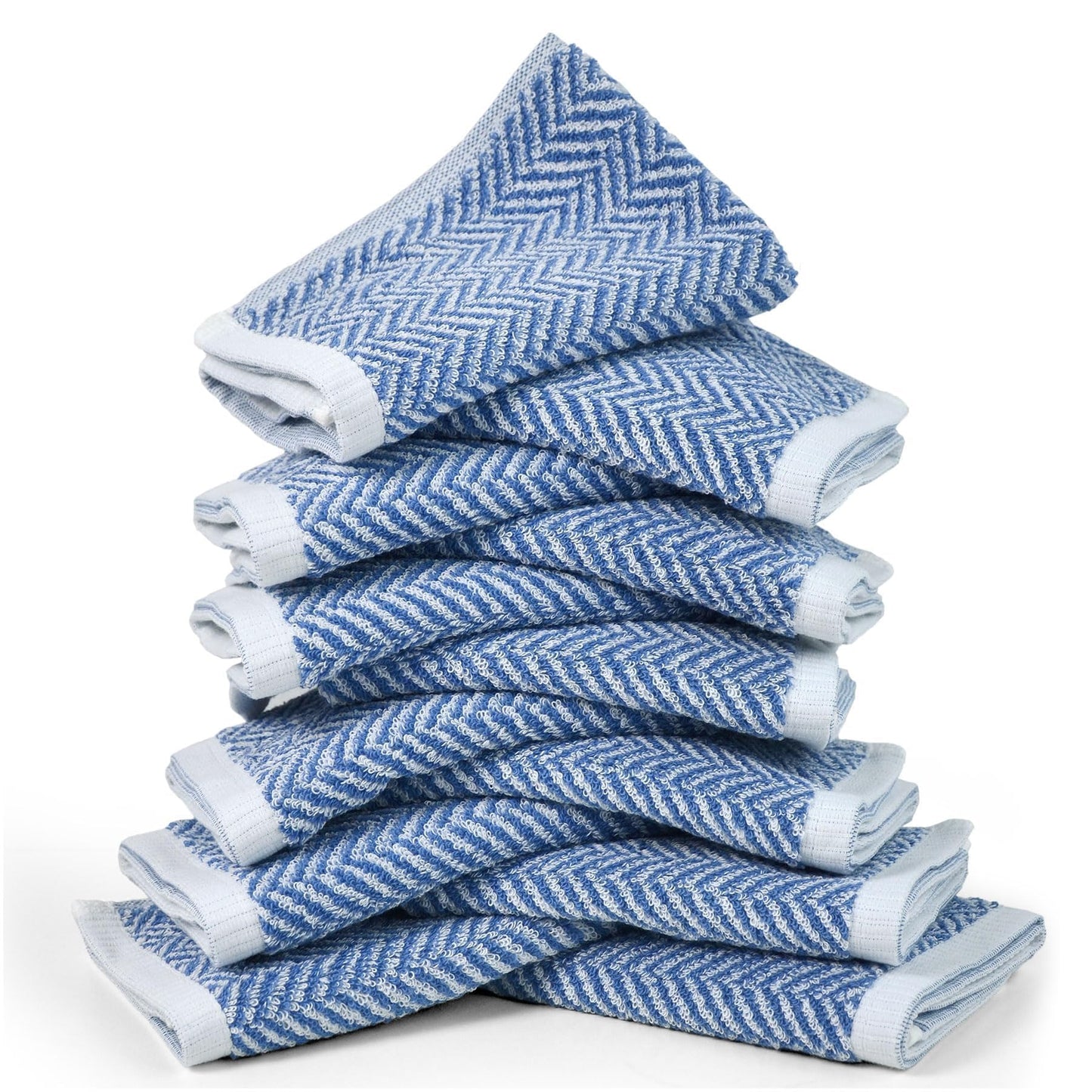 Cleanbear Wash Cloths for Your Face and Body, 12 Washcloths for Showering with Decorative Herringbone Stripes, 100% Cotton, Light Blue, 13 x 13 Inches