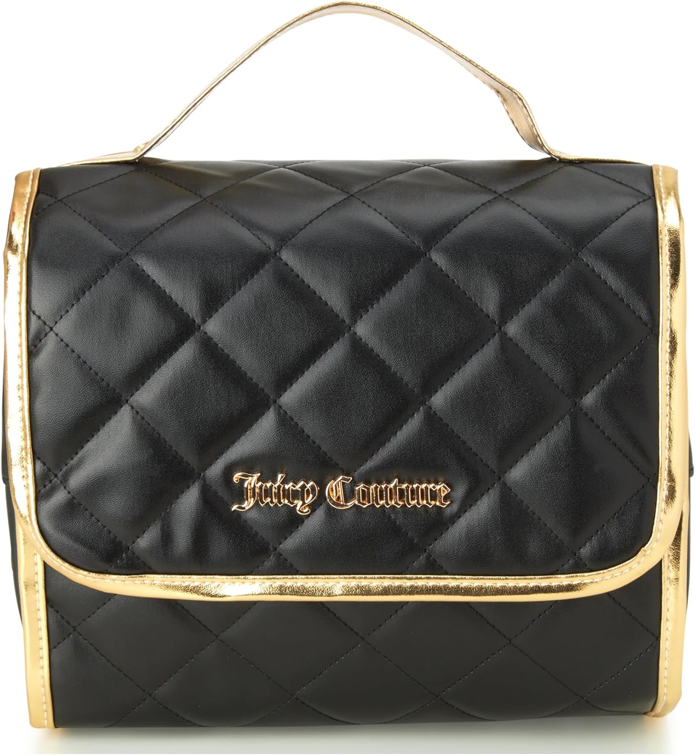 Juicy Couture Black Makeup Bag - Faux Quilted Leather Cosmetics Organizer with Hanging Hook | Travel Essential