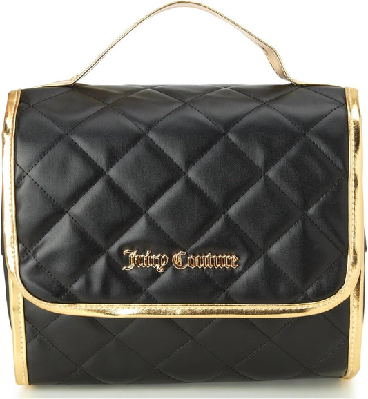 Juicy Couture Black Makeup Bag - Faux Quilted Leather Cosmetics Organizer with Hanging Hook | Travel Essential