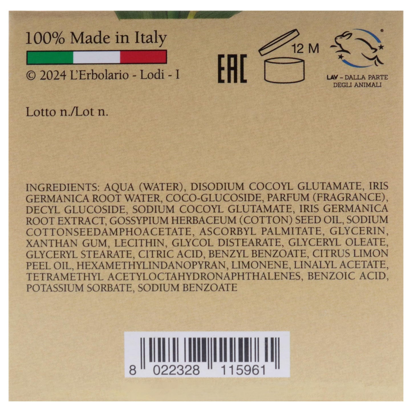 Bath Cream - White Iris by LErbolario for Unisex - 10.1 oz Body Cream