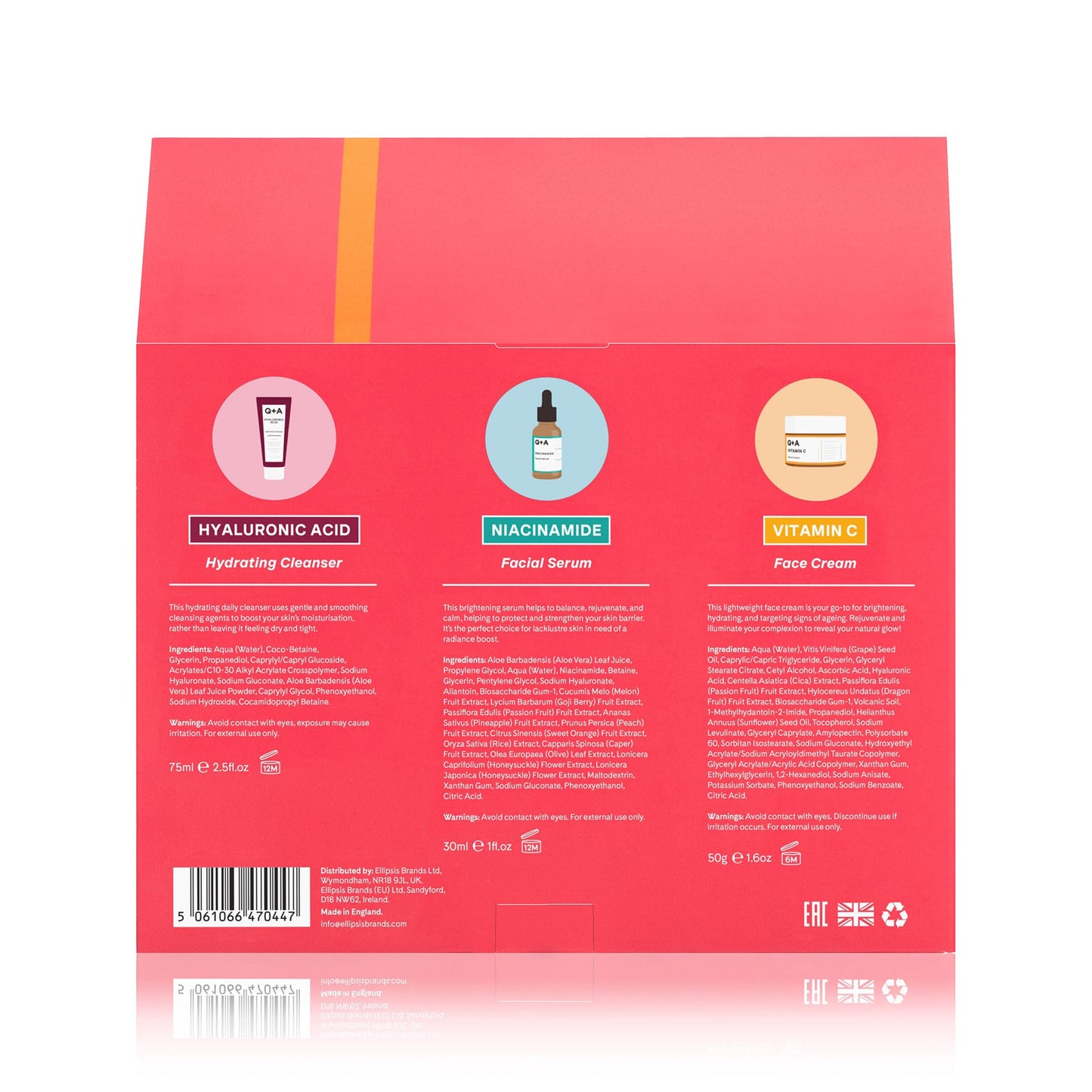 Q+A Skincare Treats Gift Set, 3-Step Routine for Healthy, Radiant Skin, Hydrating Facial Cleanser (75ml), Niacinamide Serum (30ml) & Vitamin C Face Cream (50g), Stocking Stuffers