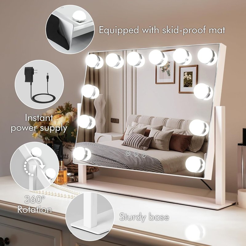 Vanity Mirror with Lights - 15.7"x11.8" LED Makeup Mirror | 10X Spot Mirror, Dimmable Touch Control, 360° Rotation, White