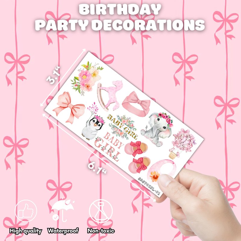 100 PCS Baby Girl Temporary Tattoos - Pink Rose Gold Floral Stickers for Baby Shower Decorations, Birthday Party Favors & Supplies