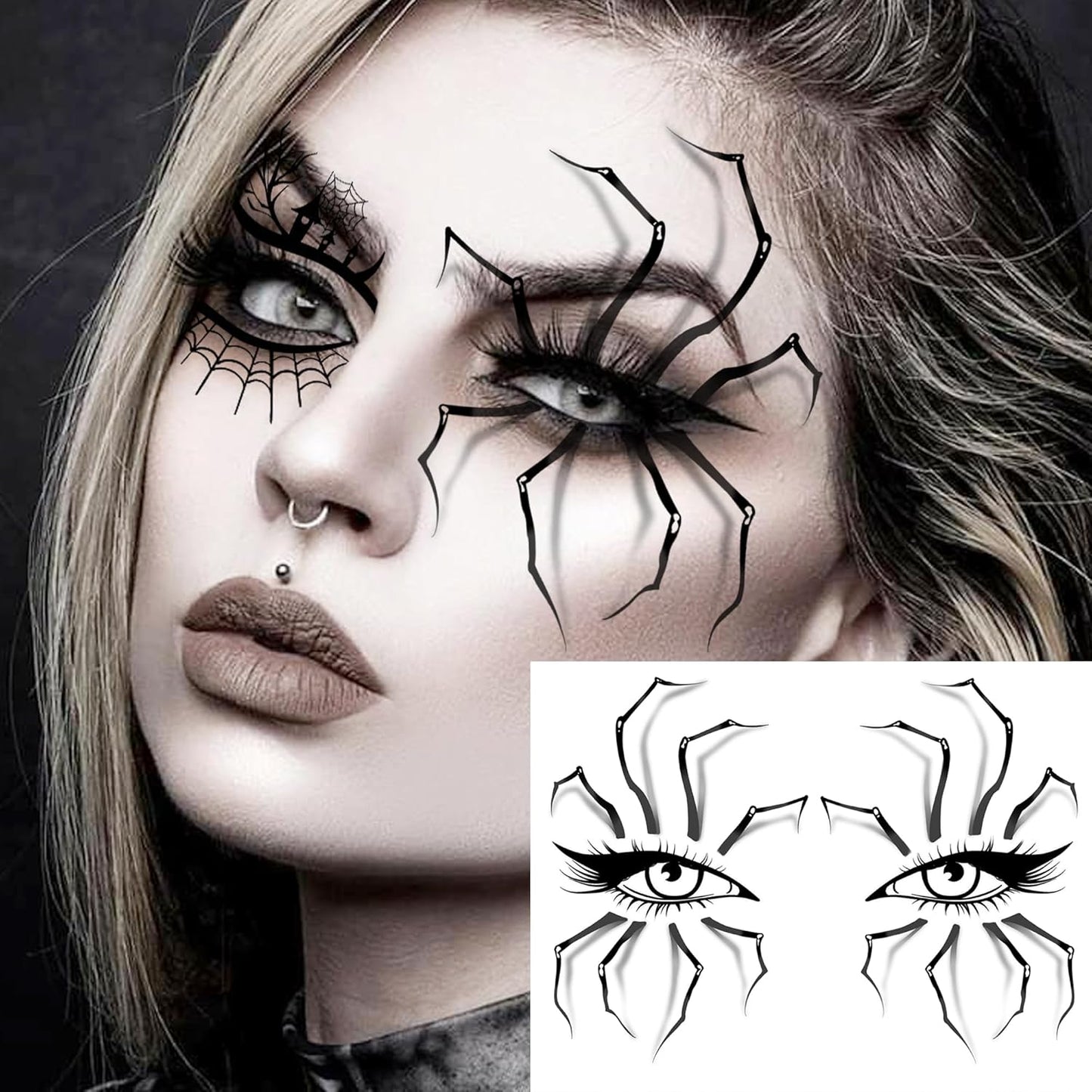 Halloween Eye Shadow Temporary Tattoos - 7 Sheets of 3D Spider Web & Cat Skull Designs | Fun Makeup Accessories for All Ages