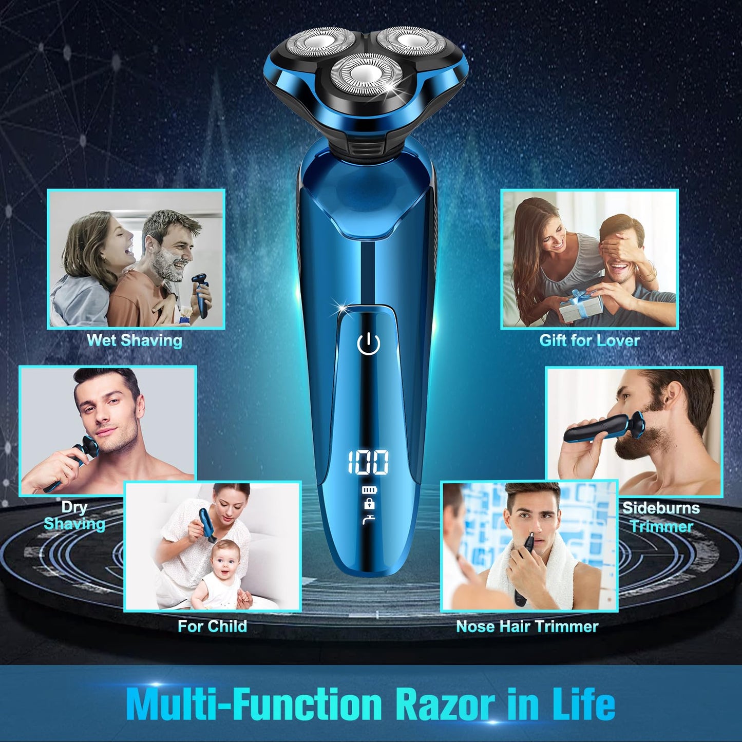 Electric Razor for Men, Cordless 3D Rotary Head Shavers for Men Face, Wet/Dry Waterproof, LED Display, Ideal Gift for Husband/Dad/Boyfriend (Blue)
