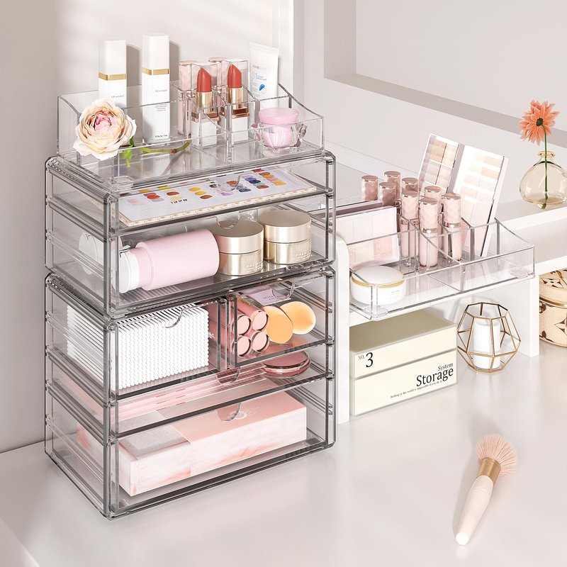 Delamu 4-Tier Clear Makeup Organizer with Drawer, Stackable Acrylic Cosmetic Storage for Bathroom Vanity, Dresser Countertop, Make Up and Jewelry Storage, Beauty Holder for Lipstick Brush Skincare