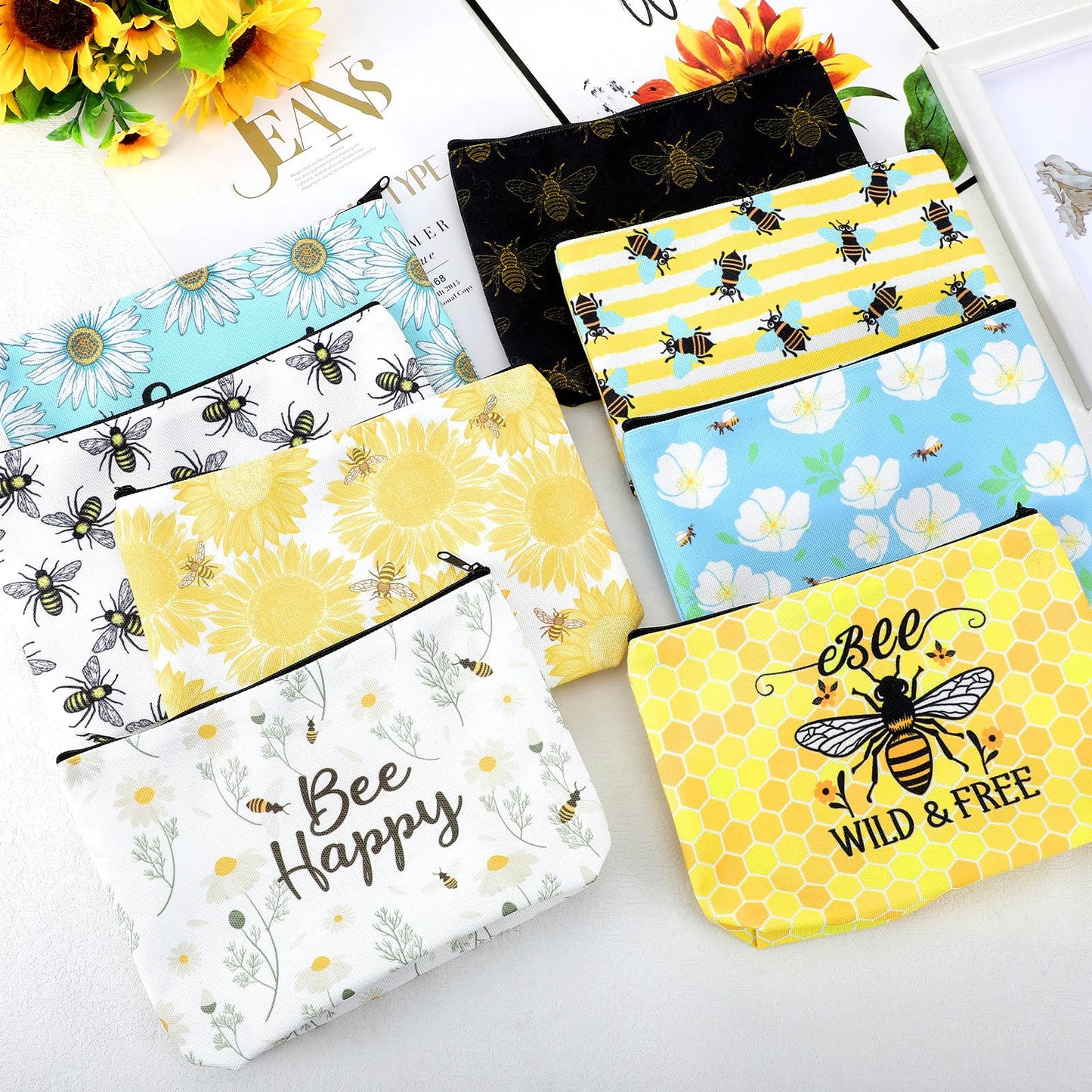 Bulyoou 16 Pcs Funny Bee Makeup Bags Travel Pouch Honey Inspirational Cosmetic Bags with Zipper Toiletry Bag Purse Bulk Bee Gifts for Women Birthday Gifts