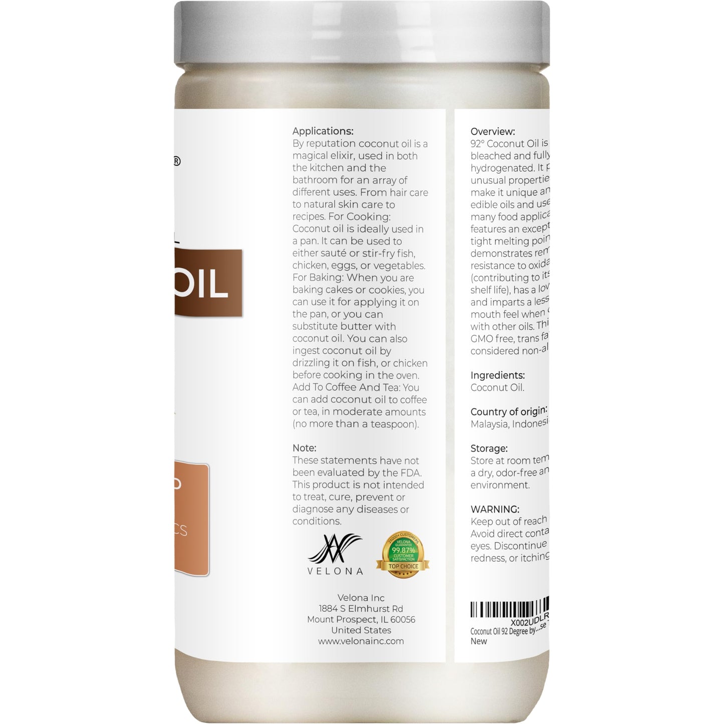 velona Coconut Oil 92 Degree 32 fl oz | 100% Pure and Natural Carrier Oil | in jar | Refined, Cold pressed | Skin, Face, Body, Hair Care | Use Today - Enjoy Results