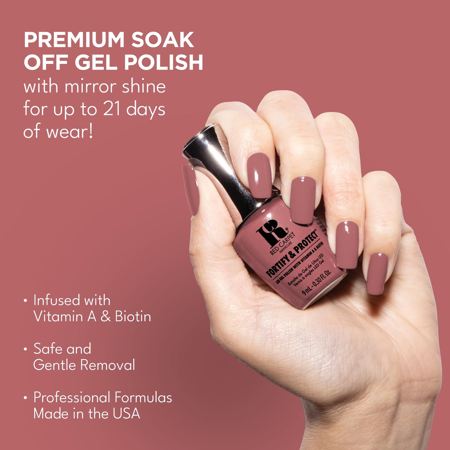 RC Red Carpet Manicure Fortify & Protect Rosy Mauve Crème Gel Polish for Strong, Healthy Nails - Infused with Vitamin A & Biotin - (Made for Me) LED Nail Gel Color, 0.3 Fl Oz