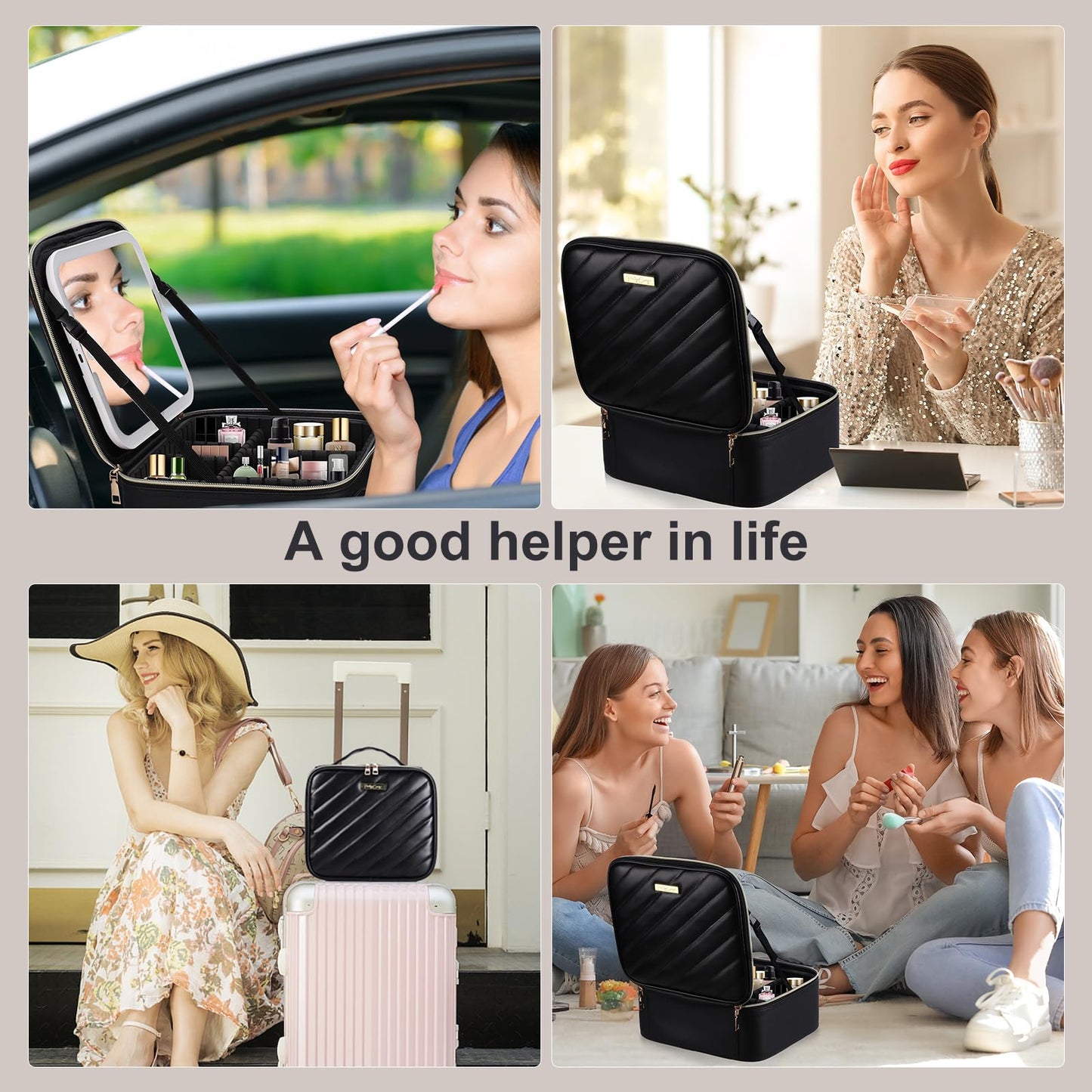 Pretty Comy Travel Makeup Bag with Led Mirror, Portable Makeup Train Case Led Makeup Bag with Mirror Makeup Organizer Bag Travel Organizer Bag Makeup Case Ideal Gifts for Mother Women Girls, Black