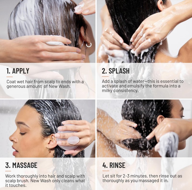 Hairstory New Wash Rich with Bonus Scalp Brush – Detergent Free Shampoo for Thick Curly Coarse Hair, Sulfate Free Deep Moisture Cleansing Cream, 8 Fl Oz Refillable Bottle