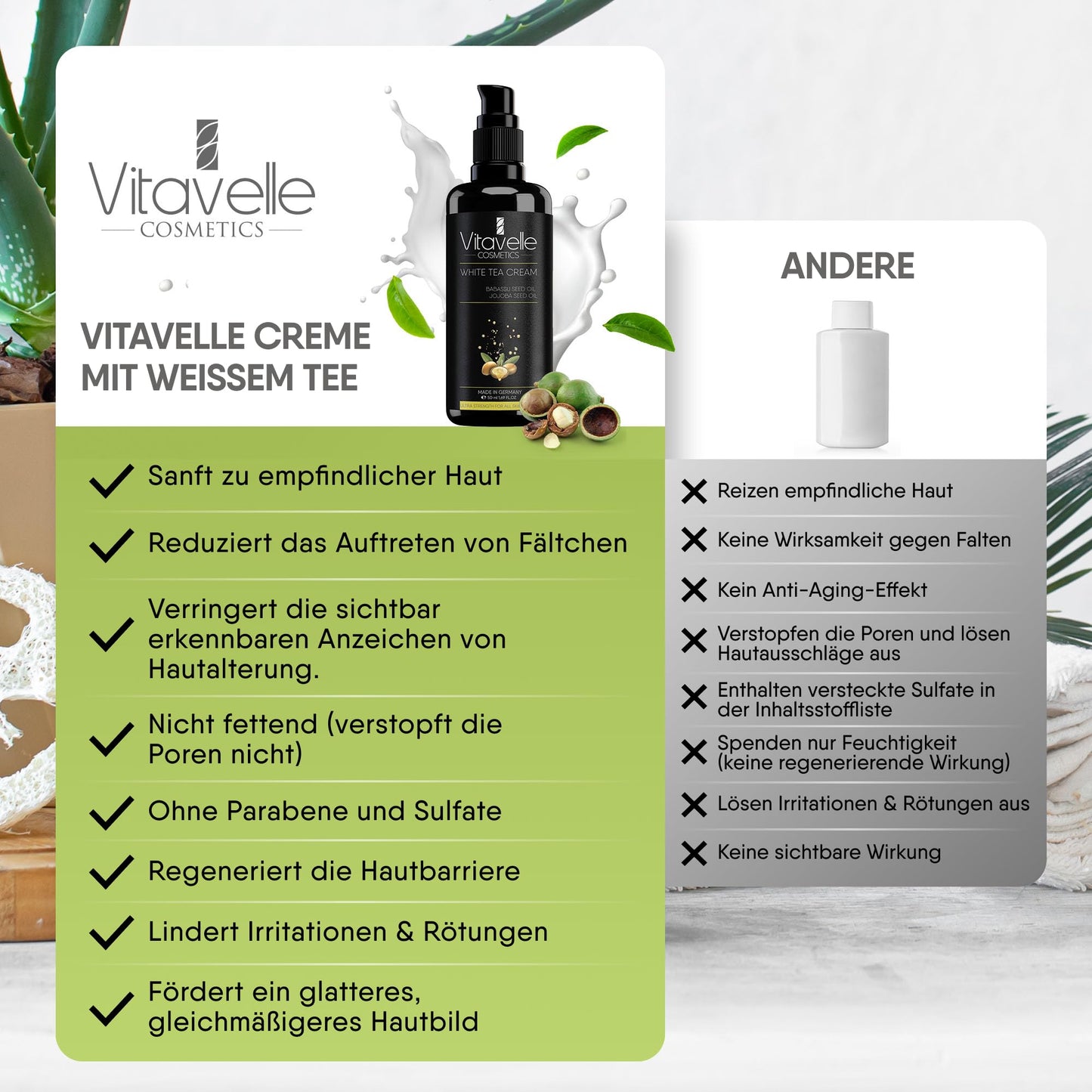 VITAVELLE White Tea Face Cream – Lightweight Antioxidant Moisturizer for Sensitive & Delicate Skin (1.69 Fl Oz)