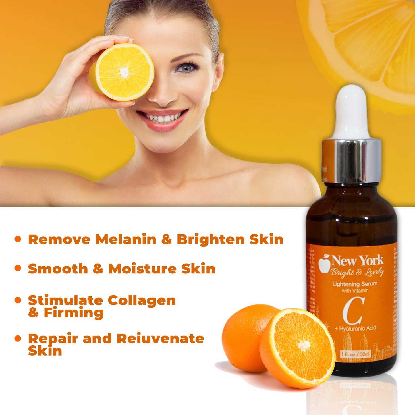 New York Bright & Lovely, Hyaluronic Acid Serum for Face | 1 Fl oz / 30 ml | Anti Aging, Anti Wrinkle, Spotless Treatment, Advanced Formula, with Vitamin C, For Women and Men