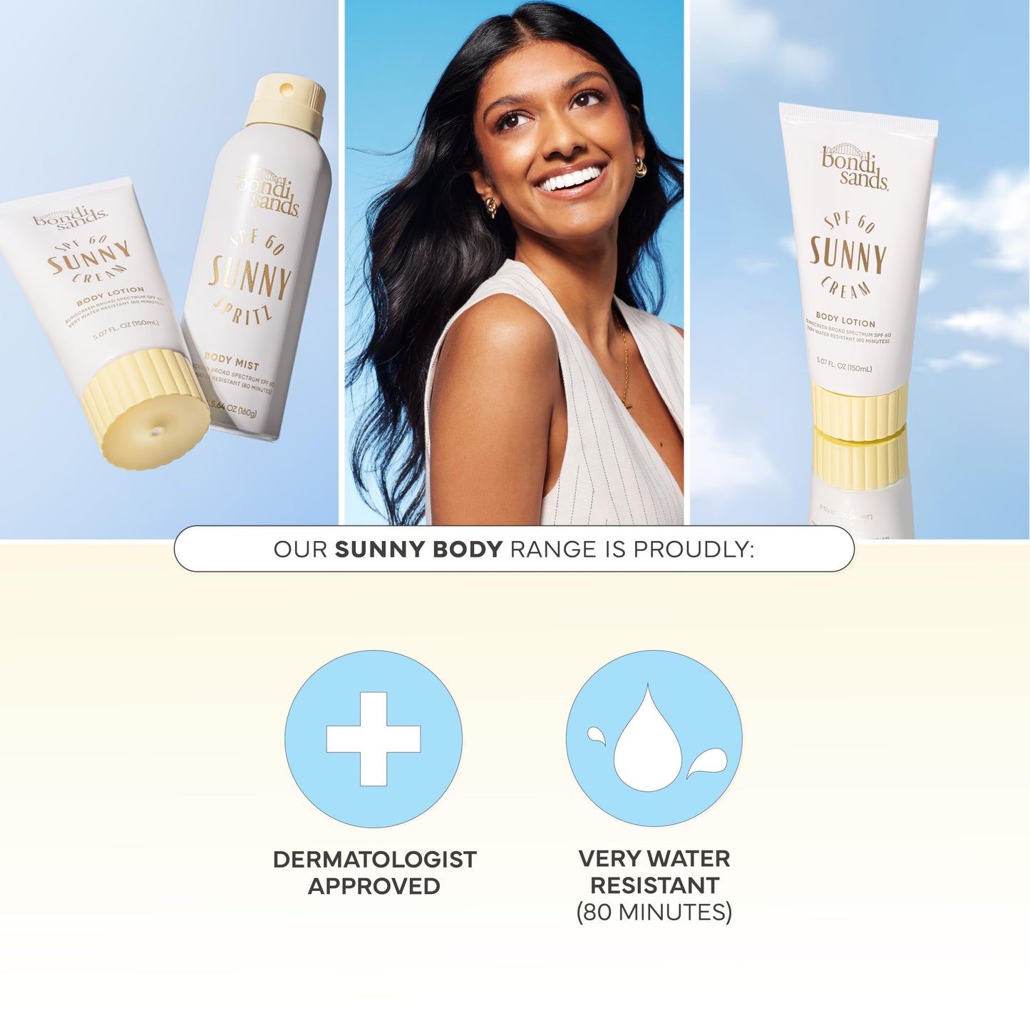 Bondi Sands Sunny Cream SPF 60 Body Lotion, Hydrating + Nourishing Broad Spectrum Sunscreen, Dermatologist-Approved, Water-Resistant, 5.07 Fl Oz