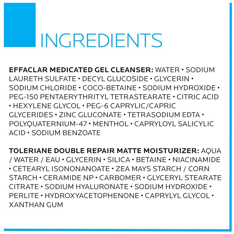 La Roche-Posay Acne Skin Care Set - Toleriane Moisturizer & Effaclar Gel Cleanser | 75ml & 100ml