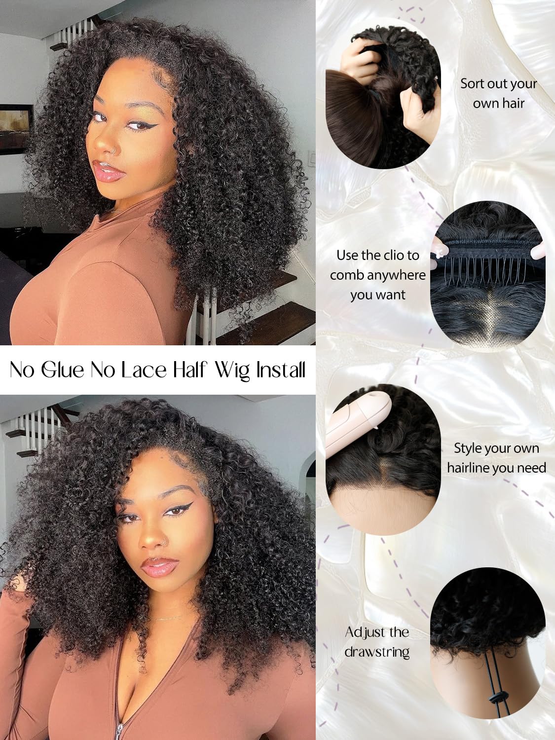 NOSTALGIA Kinky Curly Half Wig 16 Inch Curly 3 In 1 Half Wigs for Women Drawstring Seamless Flip Headband Wig Beginner Friendly Glueless Synthetic With Natural Density (Jet Black 1B)