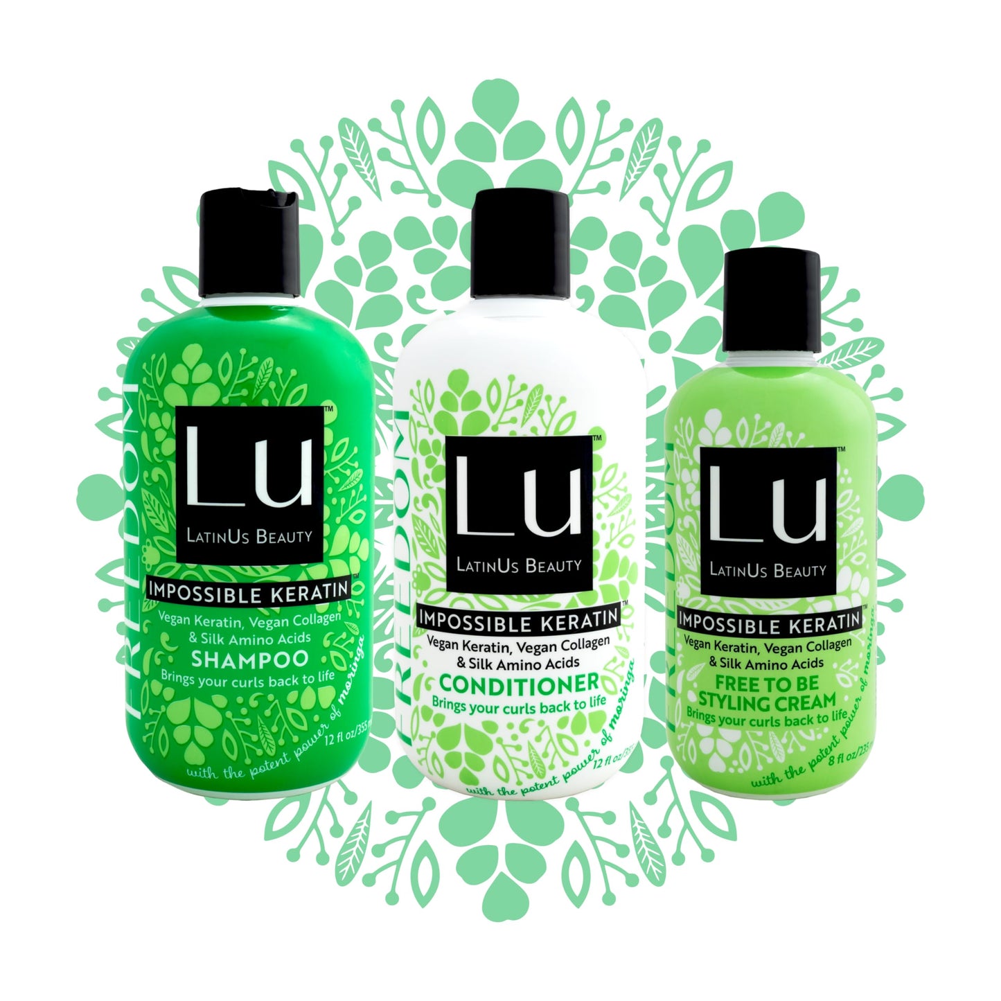 Lu by LatinUs Beauty Freedom Collection | Shampoo, Conditioner & Styling Cream with Impossible Keratin™, Moringa Oil, Cruelty Free, Sulfate Free, Paraben Free | 32 Fl Oz Total | 3-Piece Set