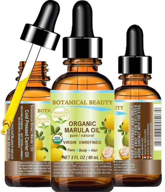 Botanical Beauty Organic MARULA OIL WILD GROWTH 100% Pure Natural Virgin, Unrefined Cold-Pressed Moisturizer for FACE, DRY SKIN, BODY, DAMAGED HAIR, NAILS, Anti-Aging (2 Fl Oz)