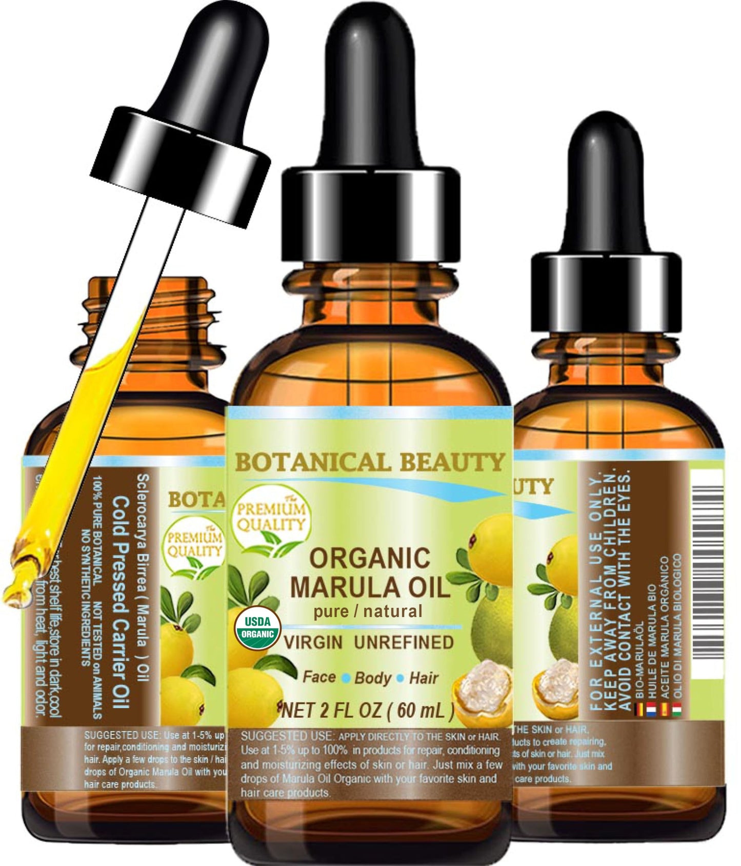 Botanical Beauty Organic MARULA OIL WILD GROWTH 100% Pure Natural Virgin, Unrefined Cold-Pressed Moisturizer for FACE, DRY SKIN, BODY, DAMAGED HAIR, NAILS, Anti-Aging (2 Fl Oz)