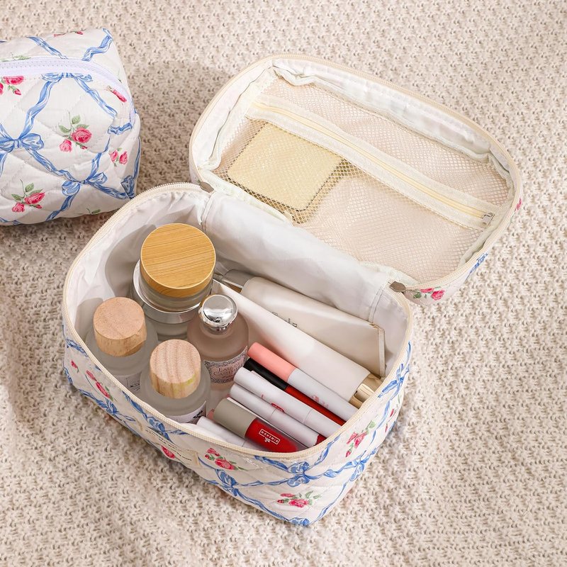 Large Quilted Makeup Bag - Cotton Floral Toiletry Bag for Women | Cute Kawaii Travel Cosmetic Organizer (Pink Bows)