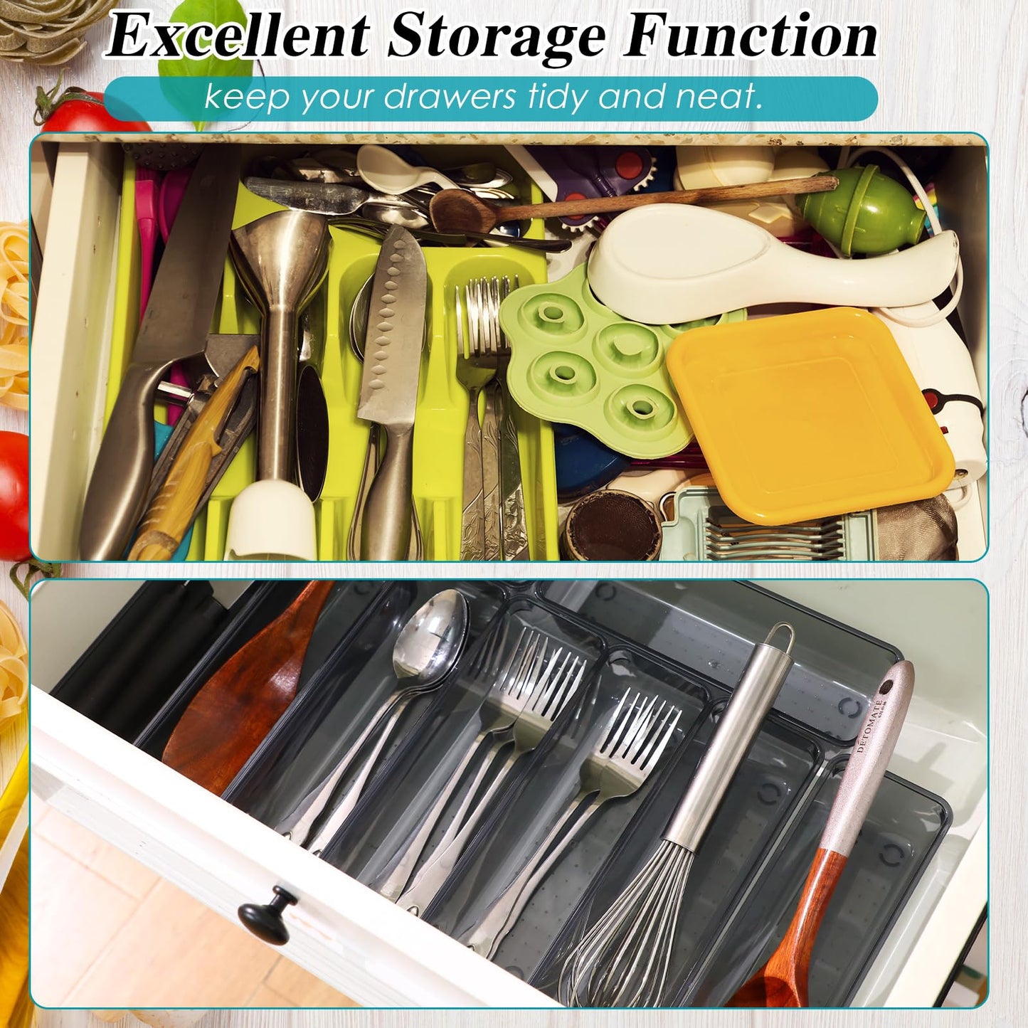 Maitys 12 Pcs Clear Drawer Organizer 9 x 3 x 2 Inches Plastic Rectangle Trays Makeup Vanity Storage Bins and Kitchen Drawers Dividers for Office Desk Silverware Kitchen Utensils(Champagne)